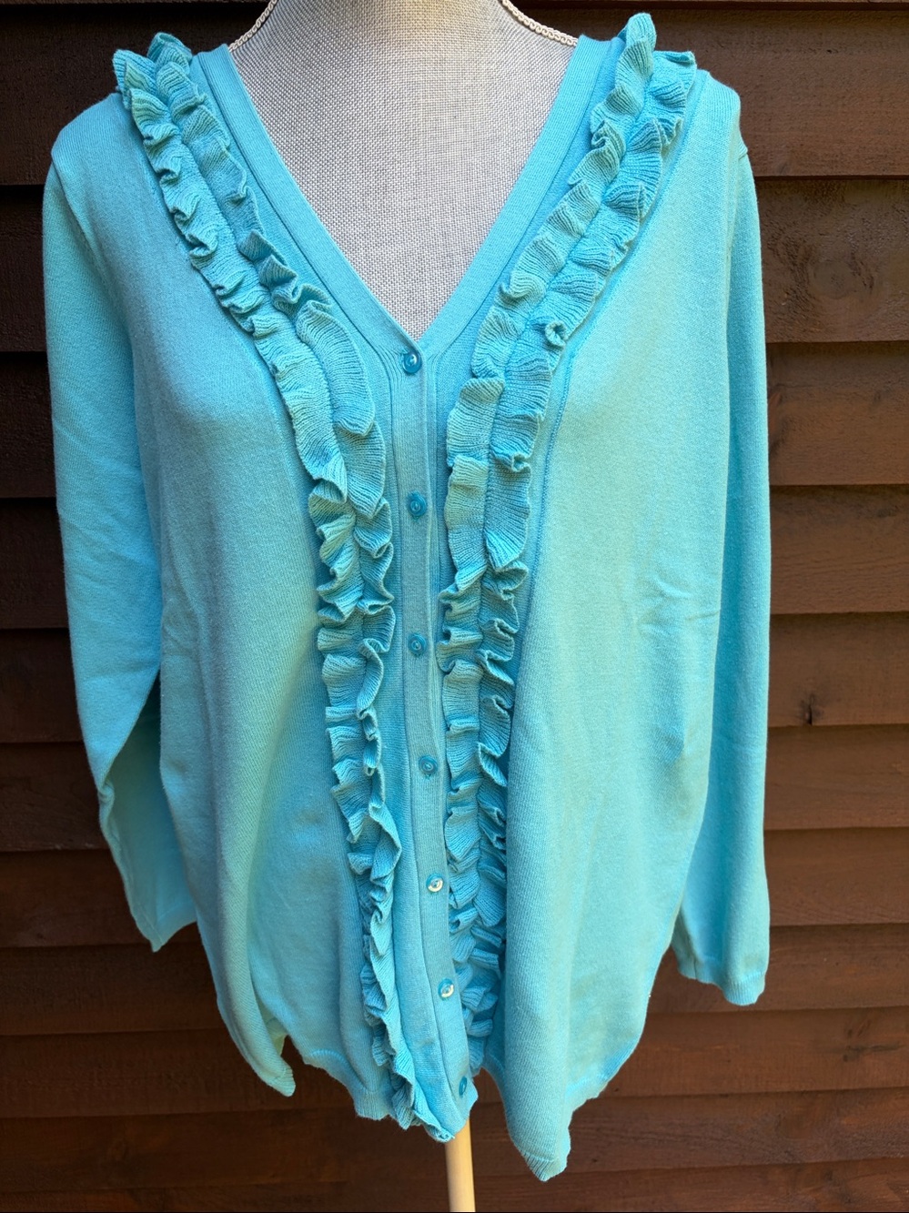 Ruffled V-Neck Button-Front Cardigan - Aqua